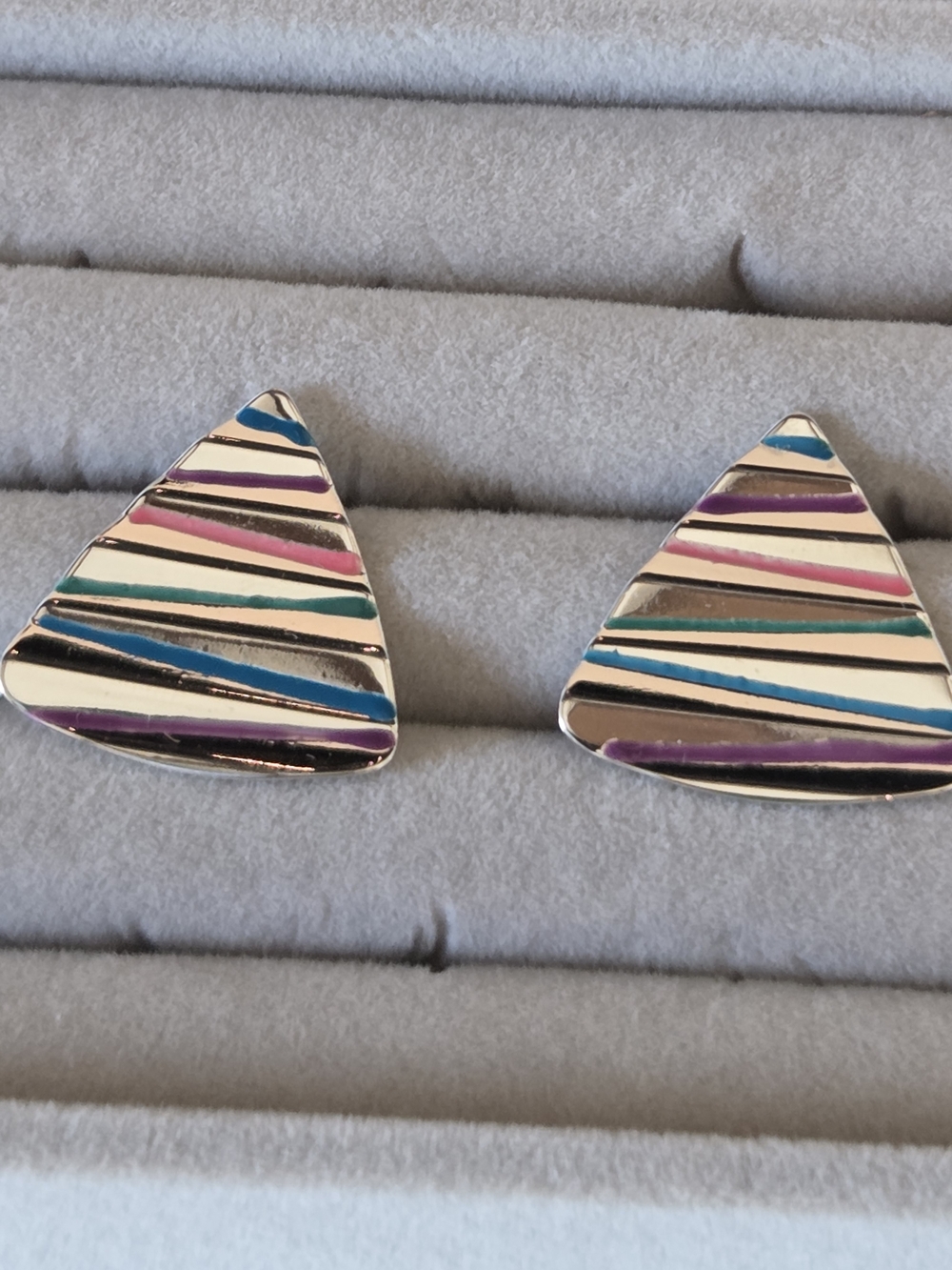 Silver-Tone Triangular Multicolor Stripe Earrings - Women Accessories
